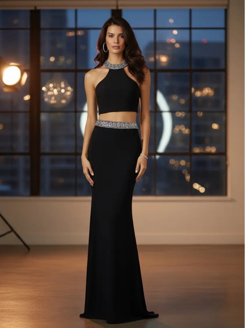 Alyce Paris Black Two-Piece Evening Gown with Silver Beaded Trim